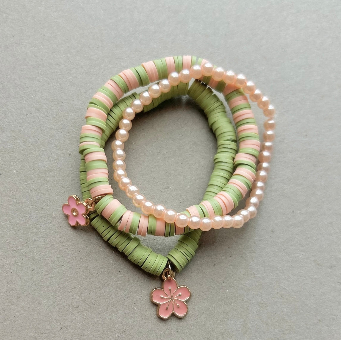Sage + Pink Charm Bracelet Set