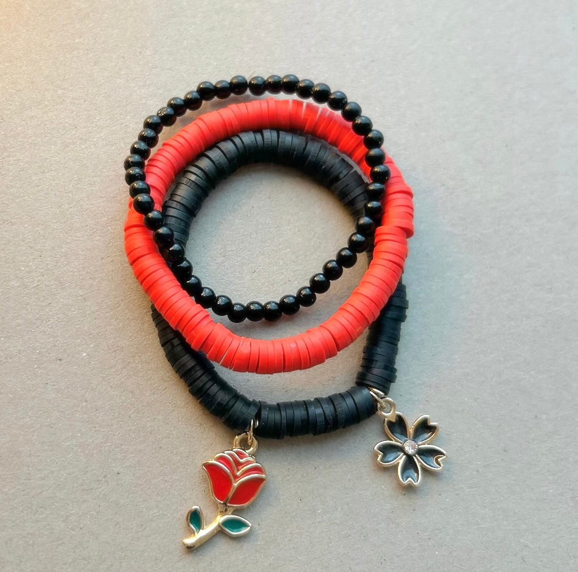 Black + Red Charm Bracelet Set